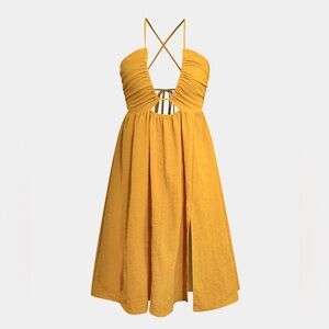 Micas NWT Mustard Yellow Seersucker Open Tie Back Cinched Halter Split Hem Dress